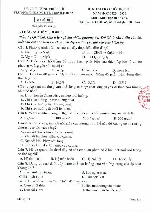 Đề thi Học kì 1 KHTN 8 năm 2025-2026 trường THCS Nguyễn Bỉnh Khiêm (Hà Nội)